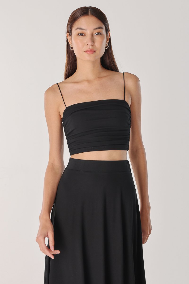 AVA COTTON JERSEY PADDED RUCHED CAMI TOP (BLACK) | Lovet