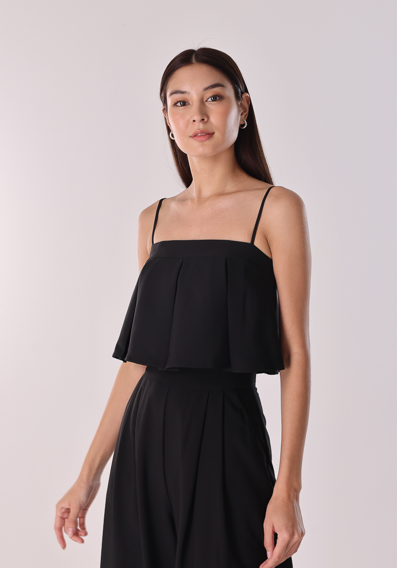 CASEY PADDED PLEATED FLARE CROP TOP (BLACK) | Lovet