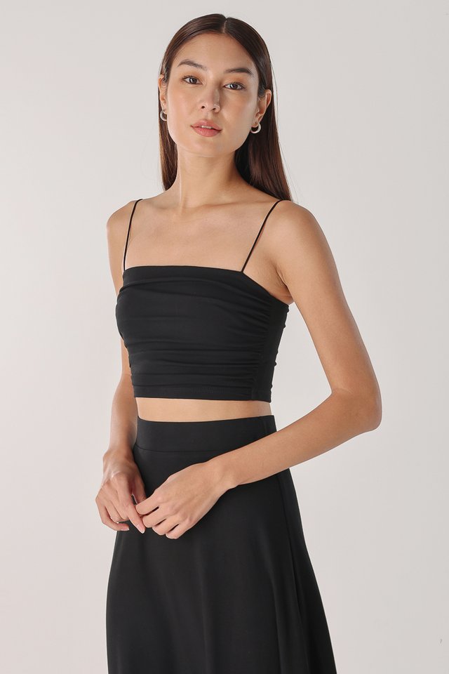 AVA COTTON JERSEY PADDED RUCHED CAMI TOP (BLACK)