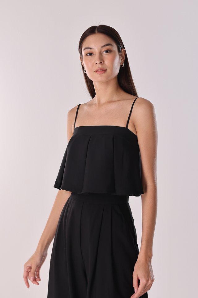 CASEY PADDED PLEATED FLARE CROP TOP (BLACK)