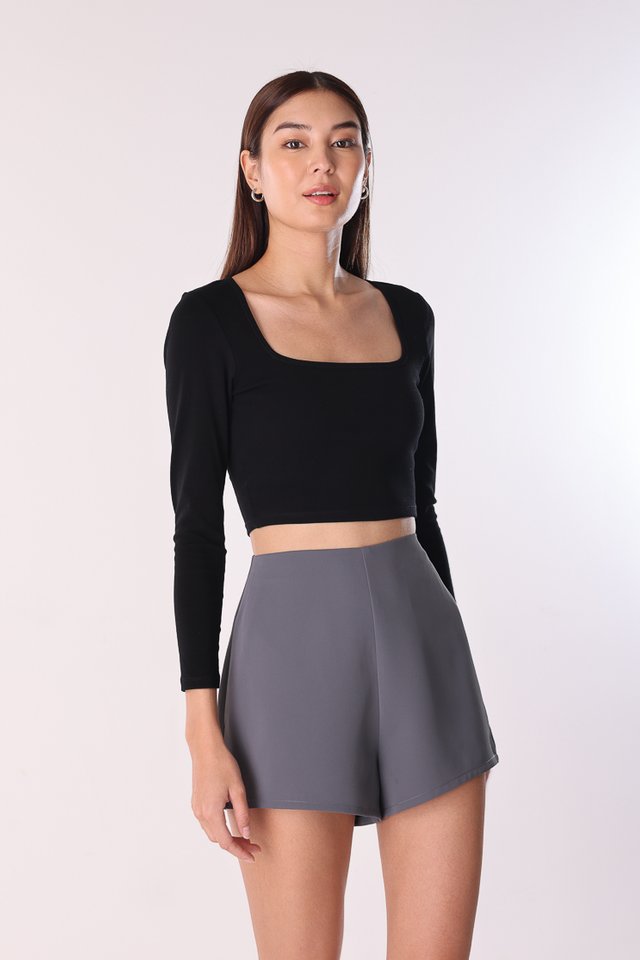 JOELLE PADDED SQUARE NECK LONG SLEEVE JERSEY CROP TOP (BLACK)