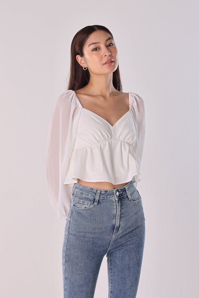DAPHNE V-NECK CHIFFON LONG SLEEVE BABYDOLL TOP (WHITE)