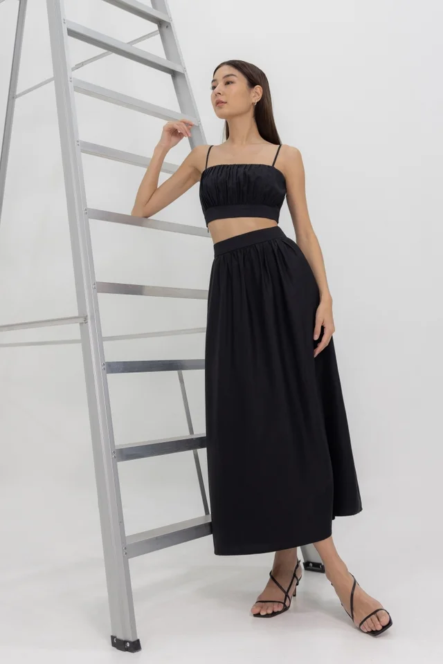 LORA THICK WAISTBAND MAXI FLARE SKIRT (BLACK)