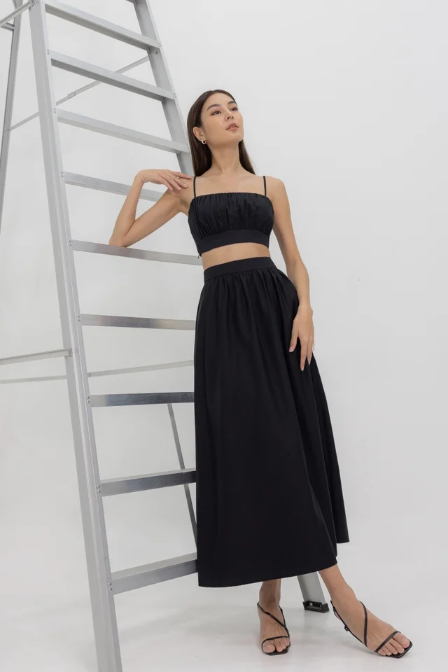 LORA THICK WAISTBAND MAXI FLARE SKIRT (BLACK)