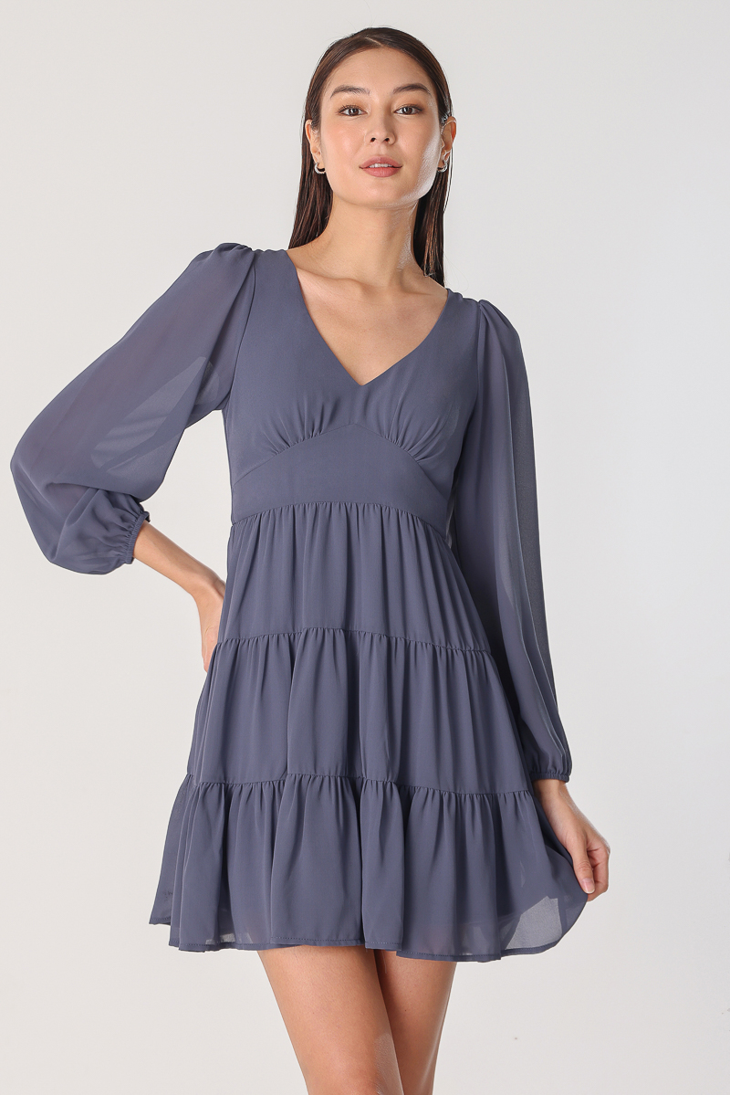 DANESSA BABYDOLL TIERED DRESS (DUSTY BLUE) | Lovet