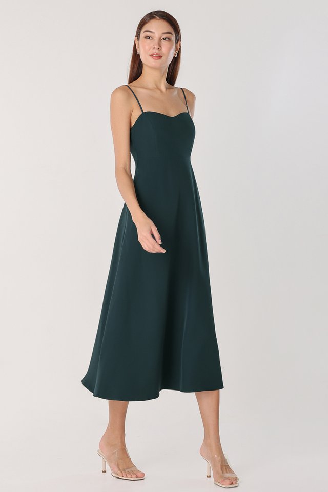RAINE PADDED LOW-BACK MIDAXI DRESS (FOREST)