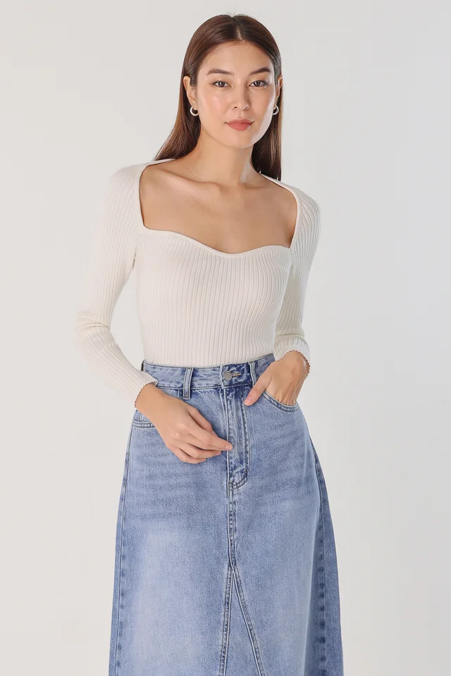 PORTIA SWEETHEART LONG SLEEVE KNIT TOP (WHITE)