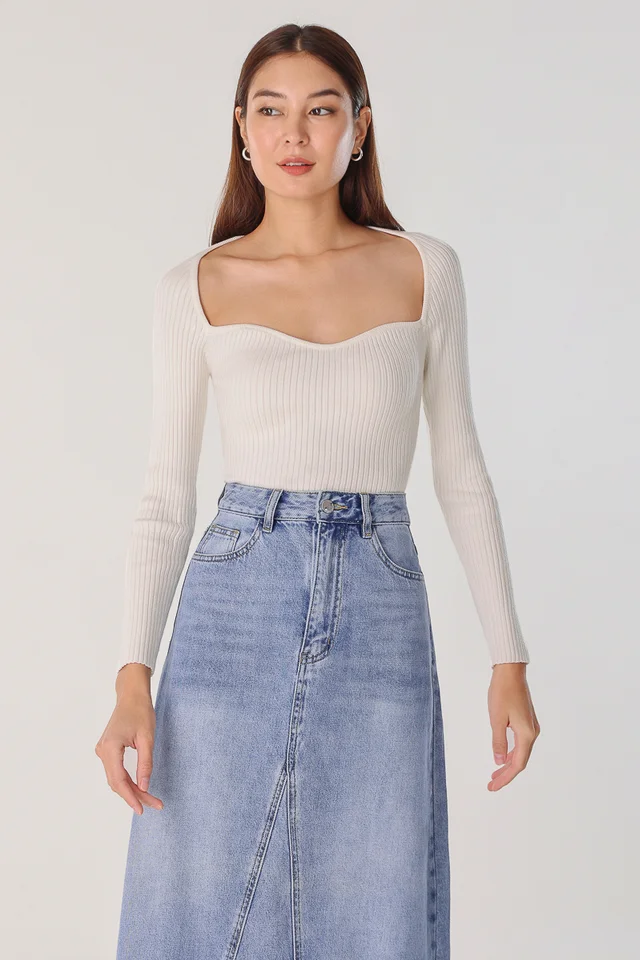 PORTIA SWEETHEART LONG SLEEVE KNIT TOP (WHITE)