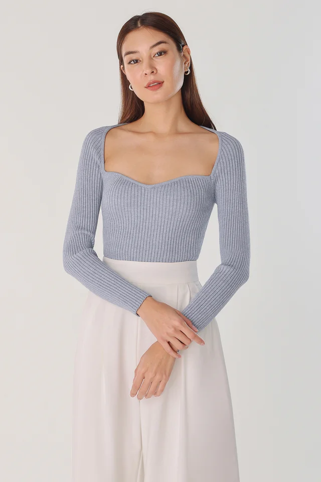 PORTIA SWEETHEART LONG SLEEVE KNIT TOP (FOAM BLUE)