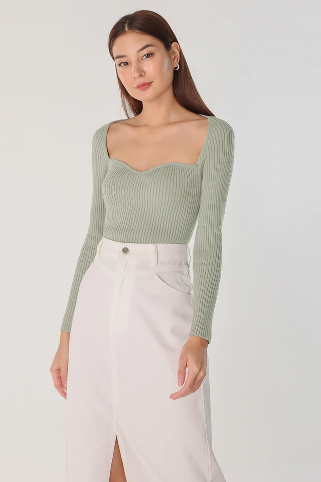 PORTIA SWEETHEART LONG SLEEVE KNIT TOP (SAGE)