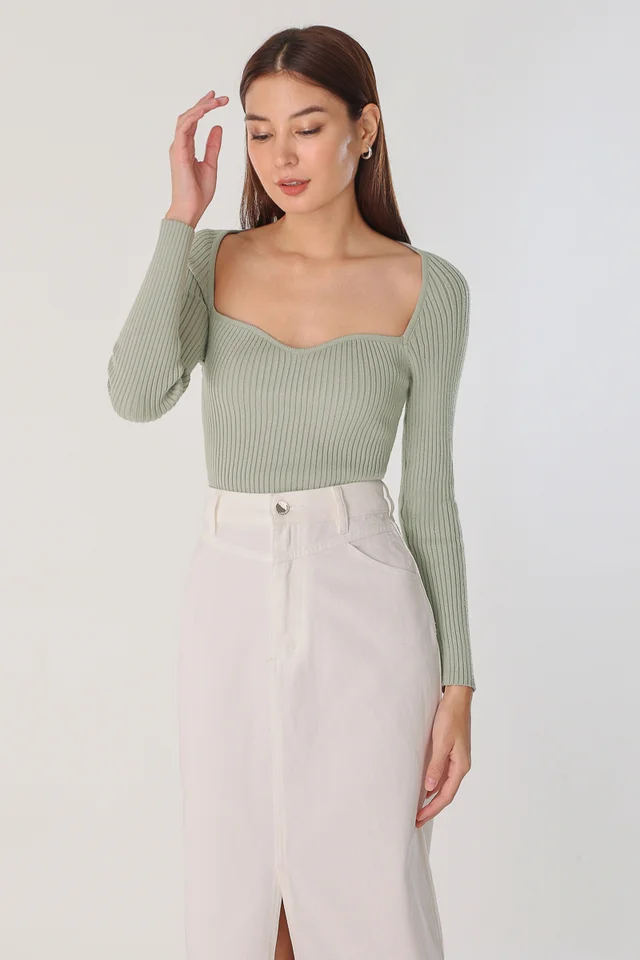 PORTIA SWEETHEART LONG SLEEVE KNIT TOP (SAGE)