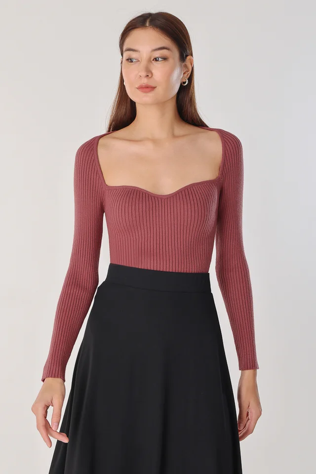 PORTIA SWEETHEART LONG SLEEVE KNIT TOP (RASPBERRY)