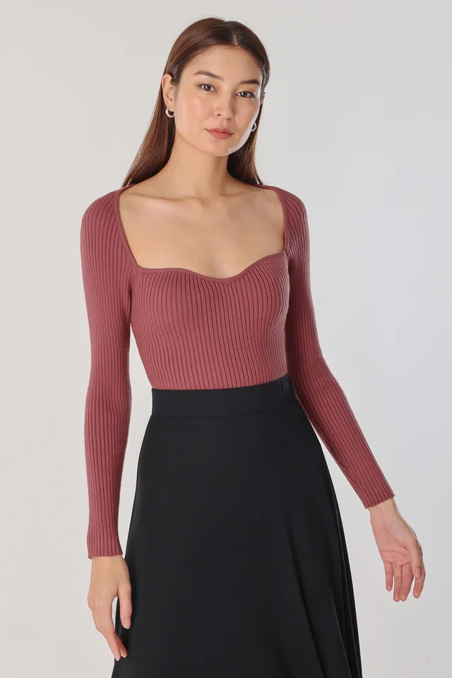 PORTIA SWEETHEART LONG SLEEVE KNIT TOP (RASPBERRY)