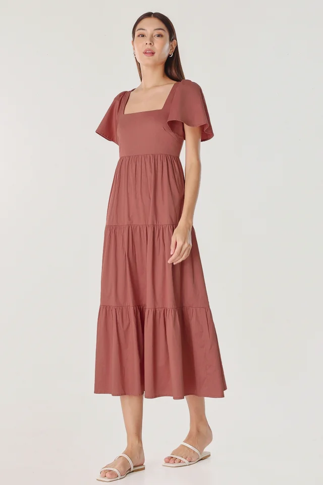 THEA FLUTTER SLEEVE MIDAXI DRESS (ROSEWOOD)