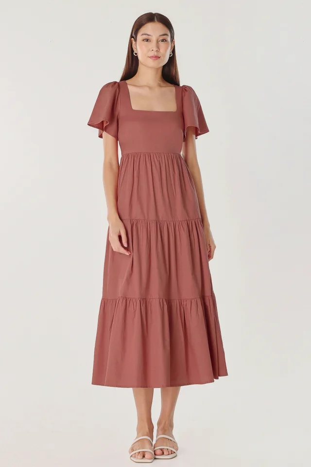 THEA FLUTTER SLEEVE MIDAXI DRESS (ROSEWOOD)