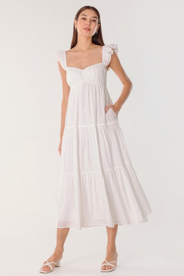 ROSALIE RUCHED RUFFLES MIDAXI (WHITE)