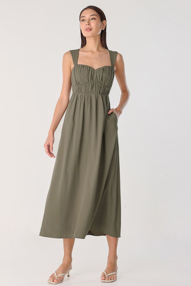 ANEKA PADDED CUT-IN RUCHED MAXI DRESS (MOSS)