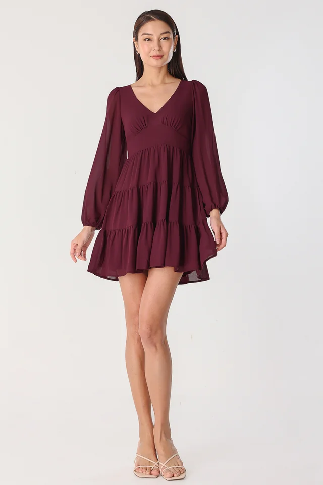 DANESSA BABYDOLL TIERED DRESS (MAROON)