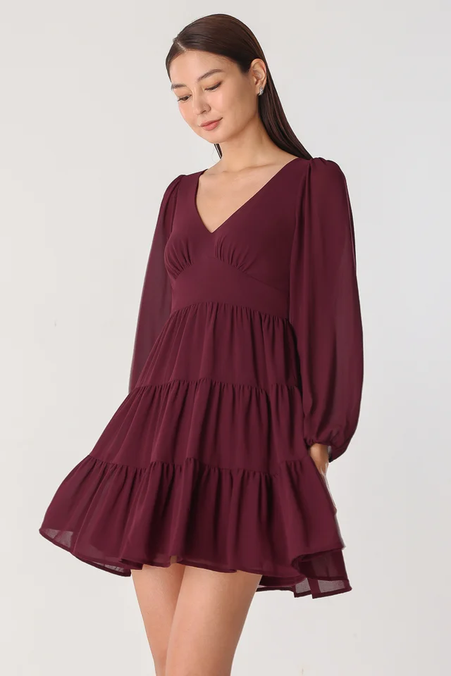 DANESSA BABYDOLL TIERED DRESS (MAROON)