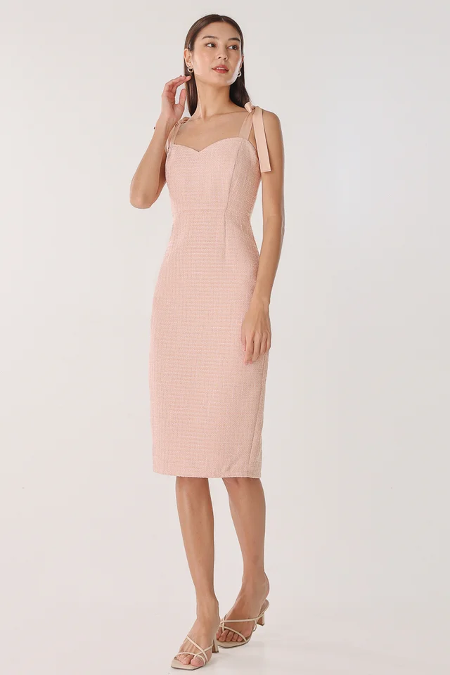 ADINA TWEED RIBBON-TIE MIDI DRESS (CHAMPAGNE PINK)
