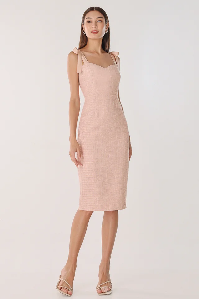 ADINA TWEED RIBBON-TIE MIDI DRESS (CHAMPAGNE PINK)