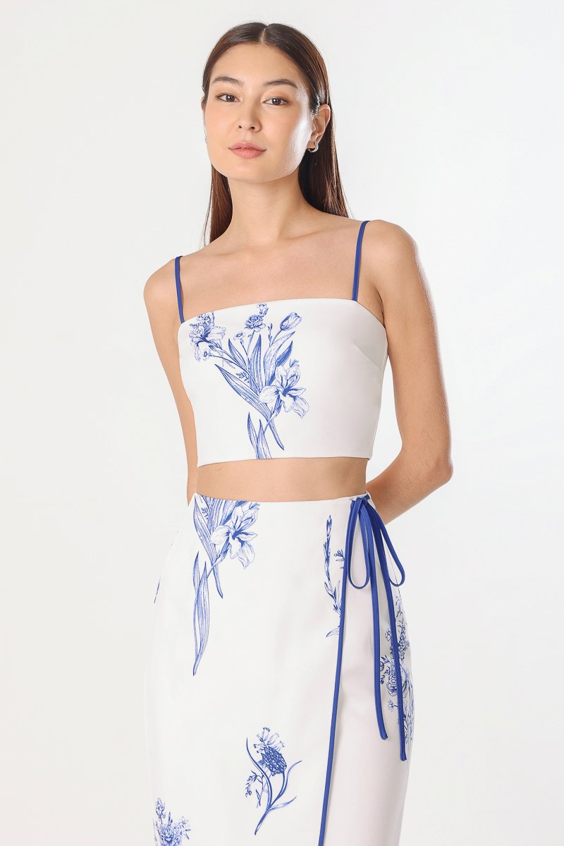 BLISS FLORAL WRAP MIDAXI SKIRT (WHITE WITH BLUE FLORALS) | Lovet