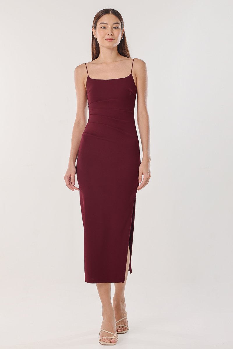 MONROE PADDED RUCHED BODYCON MIDAXI DRESS (WINE) | Lovet