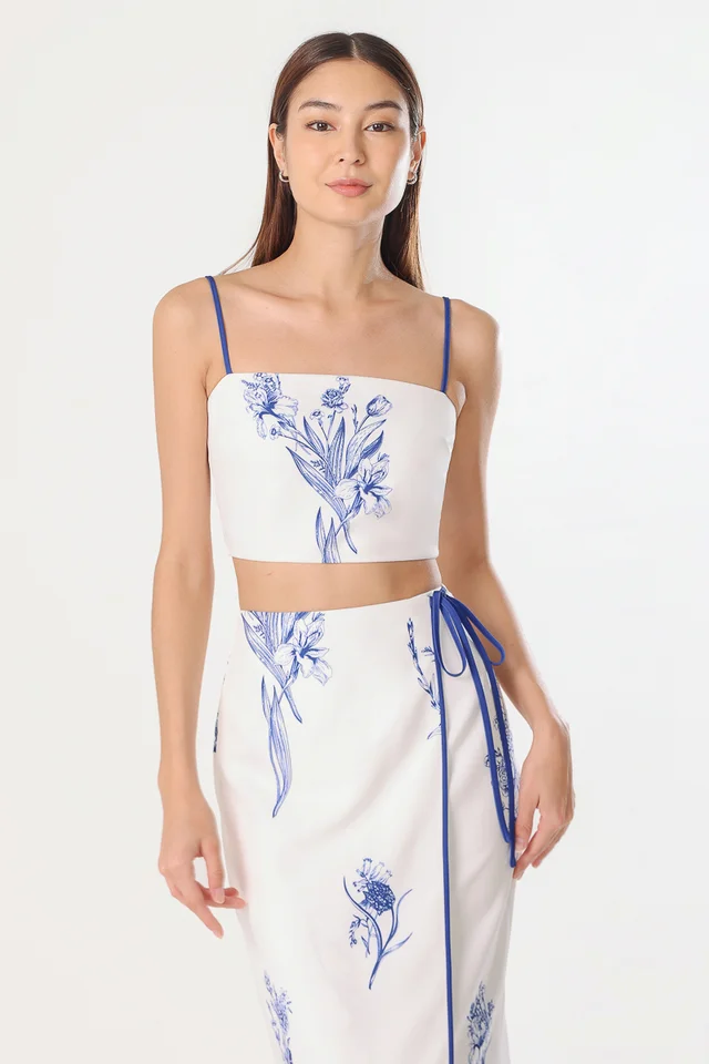BLISS PADDED FLORAL CAMI TOP (WHITE WITH BLUE FLORALS)