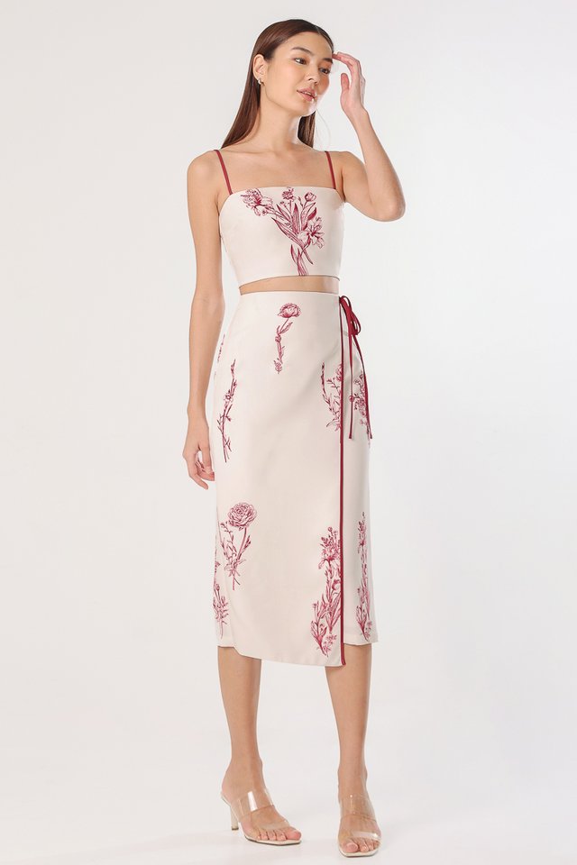 BLISS FLORAL WRAP MIDAXI SKIRT (OFF-WHITE WITH RED FLORALS)
