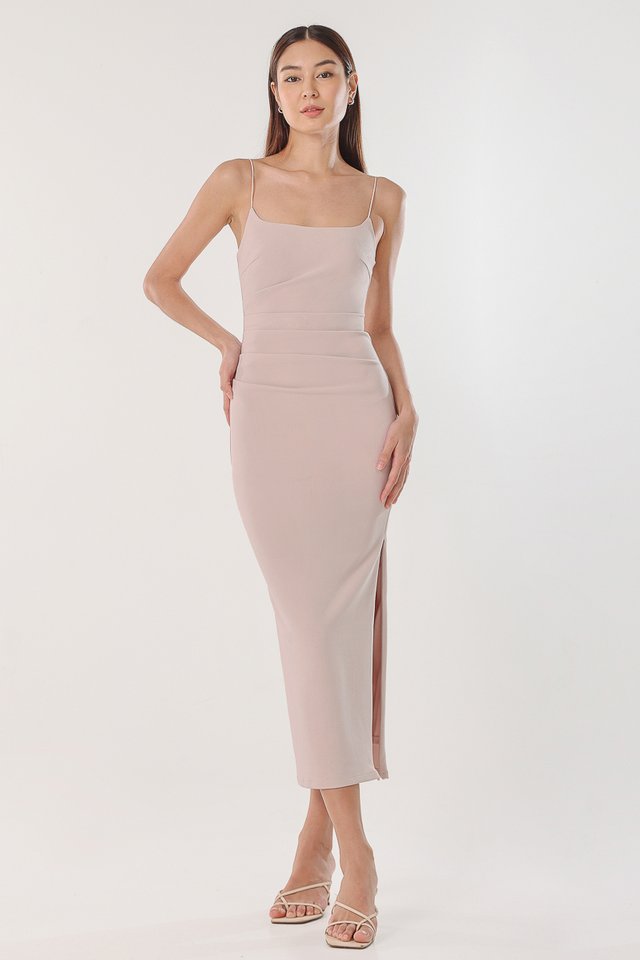 MONROE PADDED RUCHED BODYCON MIDAXI DRESS (NUDE BLUSH) 
