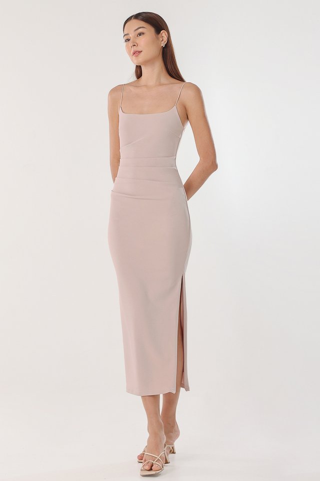 MONROE PADDED RUCHED BODYCON MIDAXI DRESS (NUDE BLUSH) 