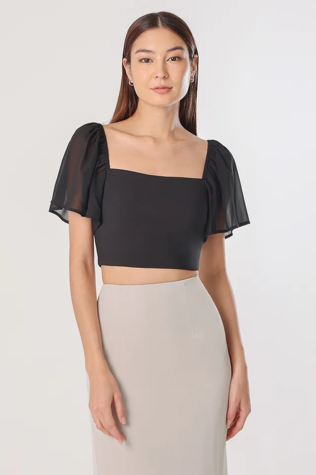 SHERRINE CHIFFON FLUTTER SLEEVE TOP (BLACK)
