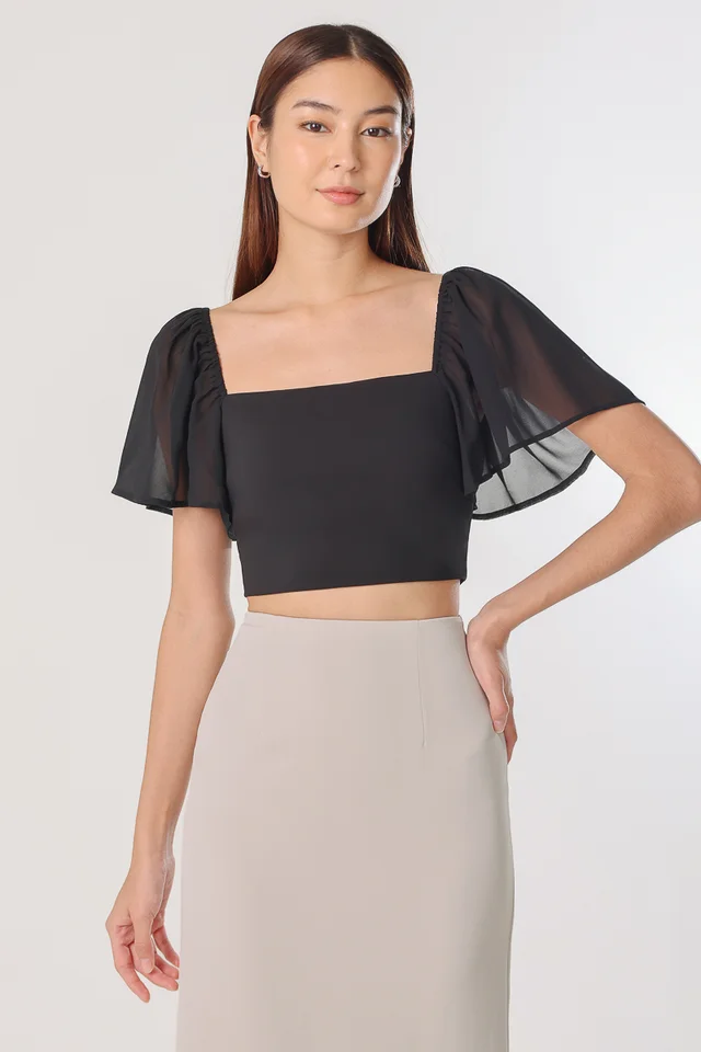 SHERRINE CHIFFON FLUTTER SLEEVE TOP (BLACK)