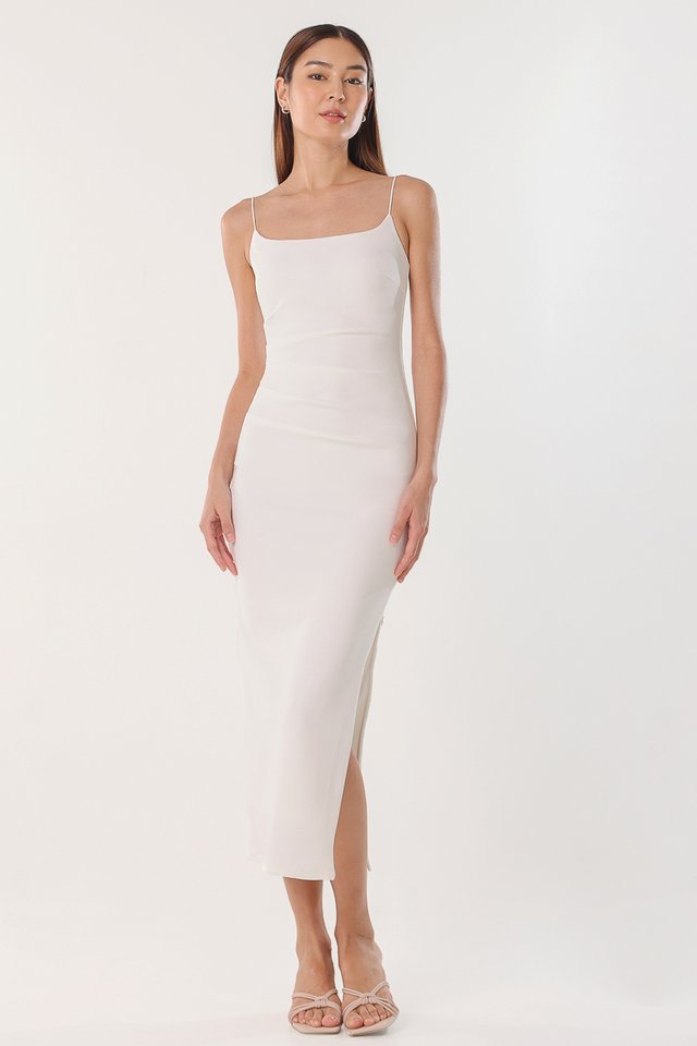 MONROE PADDED RUCHED BODYCON MIDAXI DRESS (WHITE) 