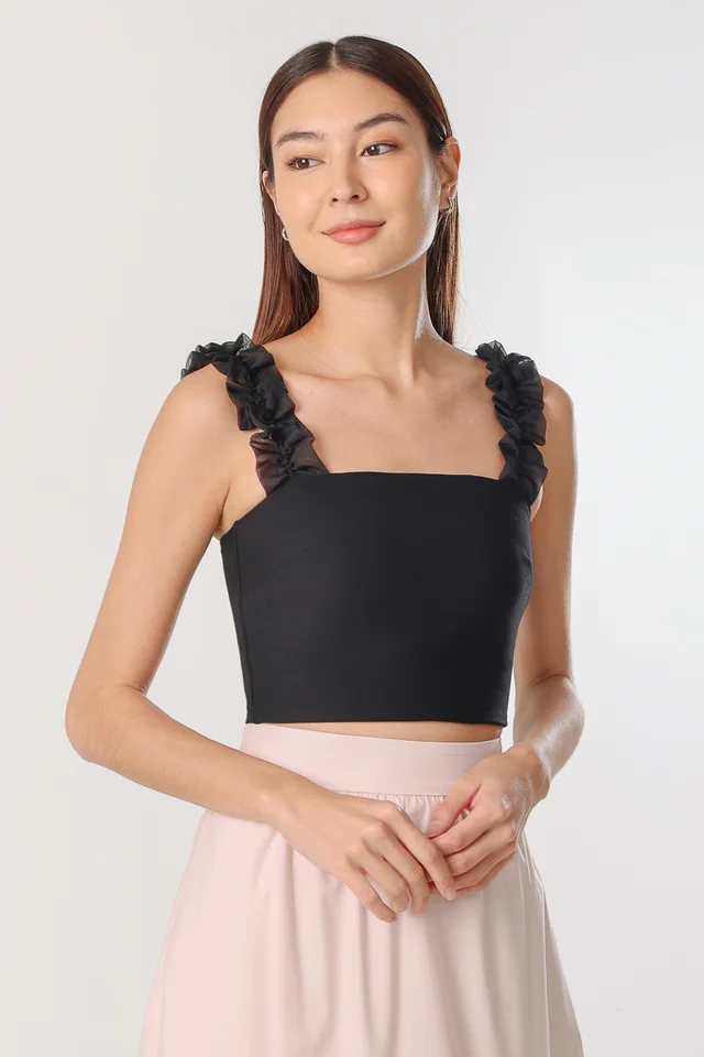 VALENCIA PADDED ORGANZA RUFFLE STRAP TOP (BLACK)