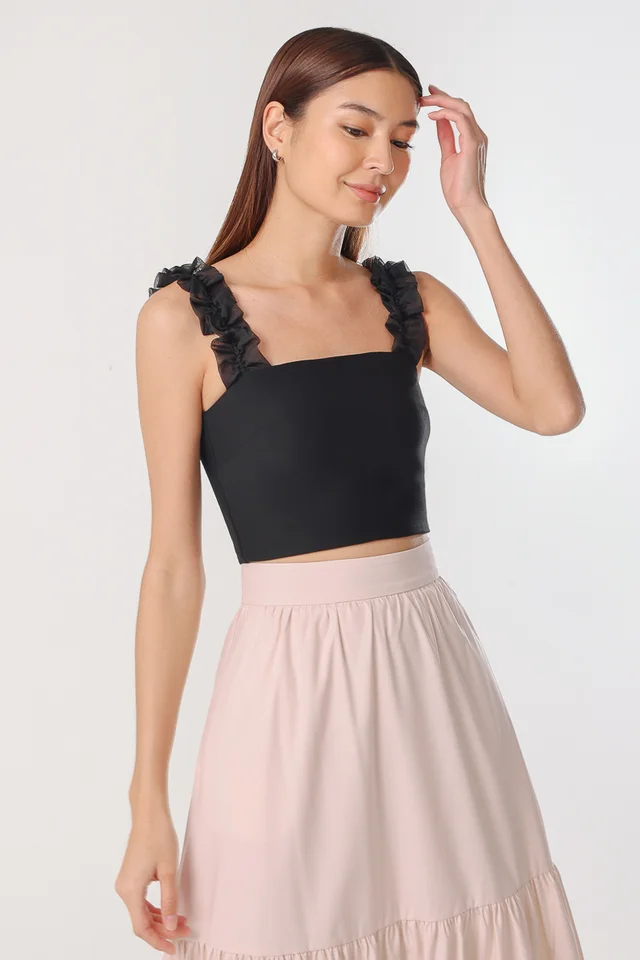 VALENCIA PADDED ORGANZA RUFFLE STRAP TOP (BLACK)