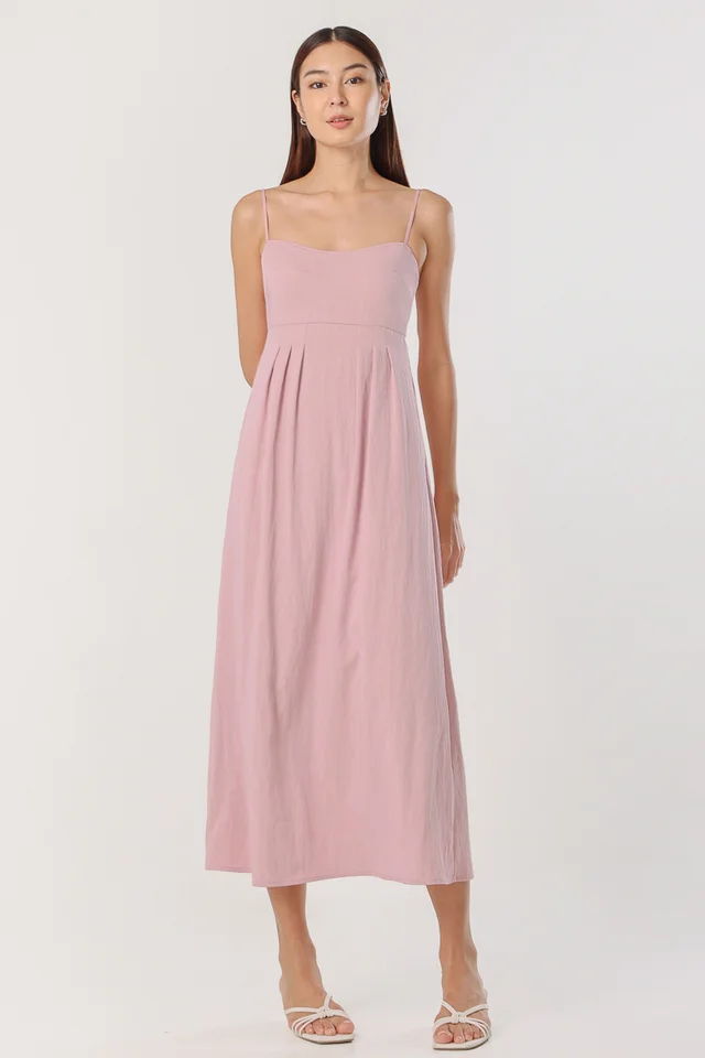 ERIN PADDED SIDE PLEATED MIDAXI DRESS (SOFT PINK)