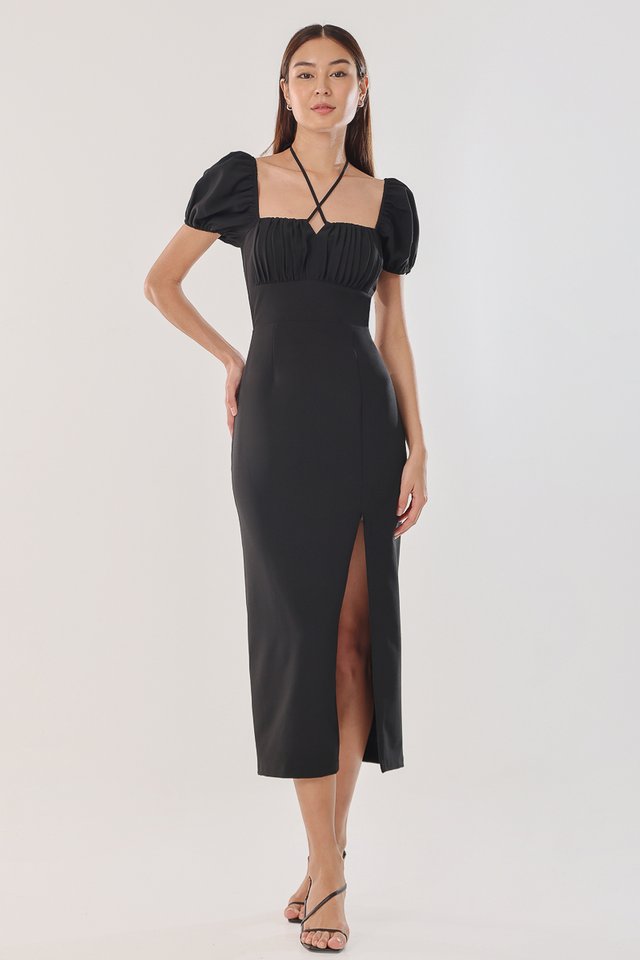 POLLY PADDED TWO-WAY TIE RUCHED SLIT DRESS (BLACK)