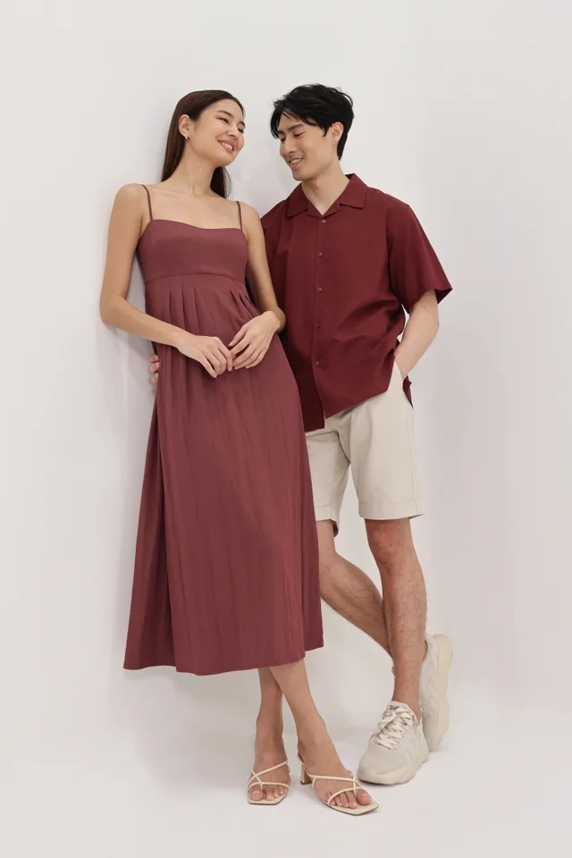 ERIN PADDED SIDE PLEATED MIDAXI DRESS (MAHOGANY RED)
