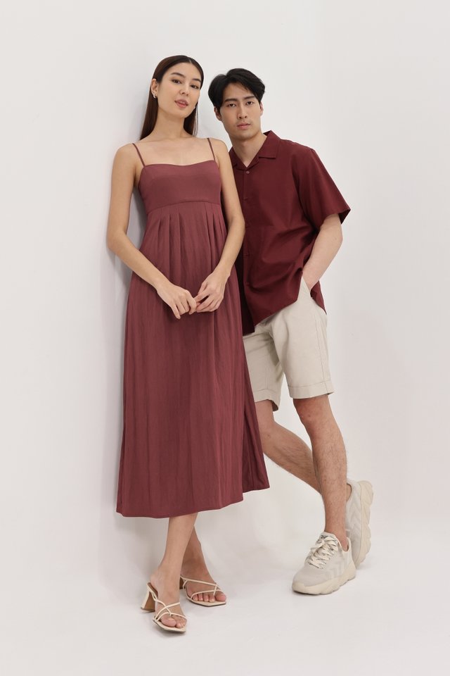 ERIN PADDED SIDE PLEATED MIDAXI DRESS (MAHOGANY RED)