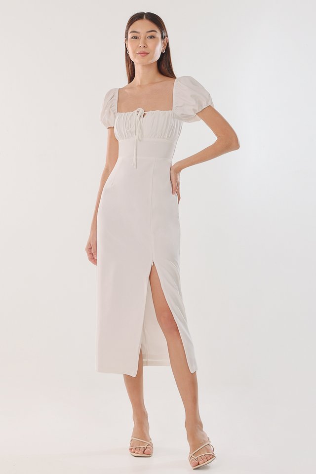 POLLY PADDED TWO-WAY TIE RUCHED SLIT DRESS (WHITE)