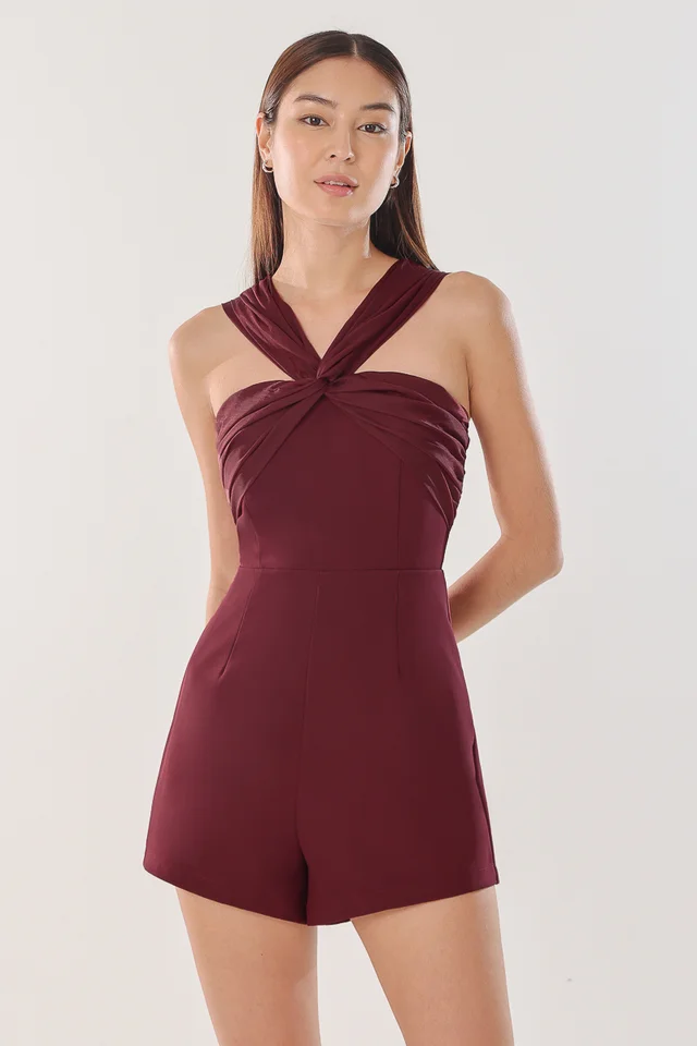 TRICIA PADDED ORGANZA TWIST KNOT ROMPER (MERLOT)