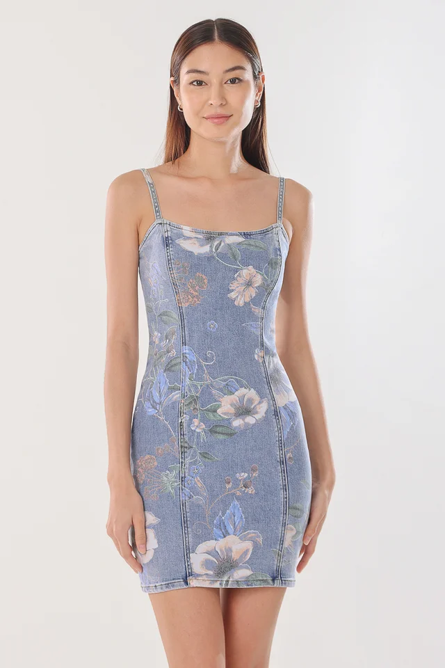 BLOSSOM FLORAL DENIM BODYCON MINI DRESS (DENIM)