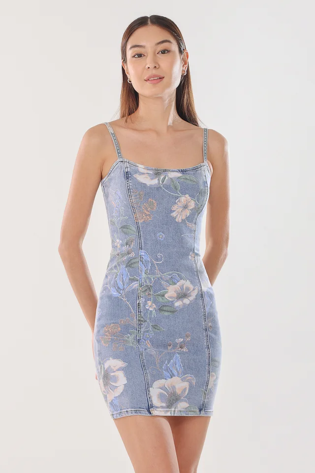 BLOSSOM FLORAL DENIM BODYCON MINI DRESS (DENIM)