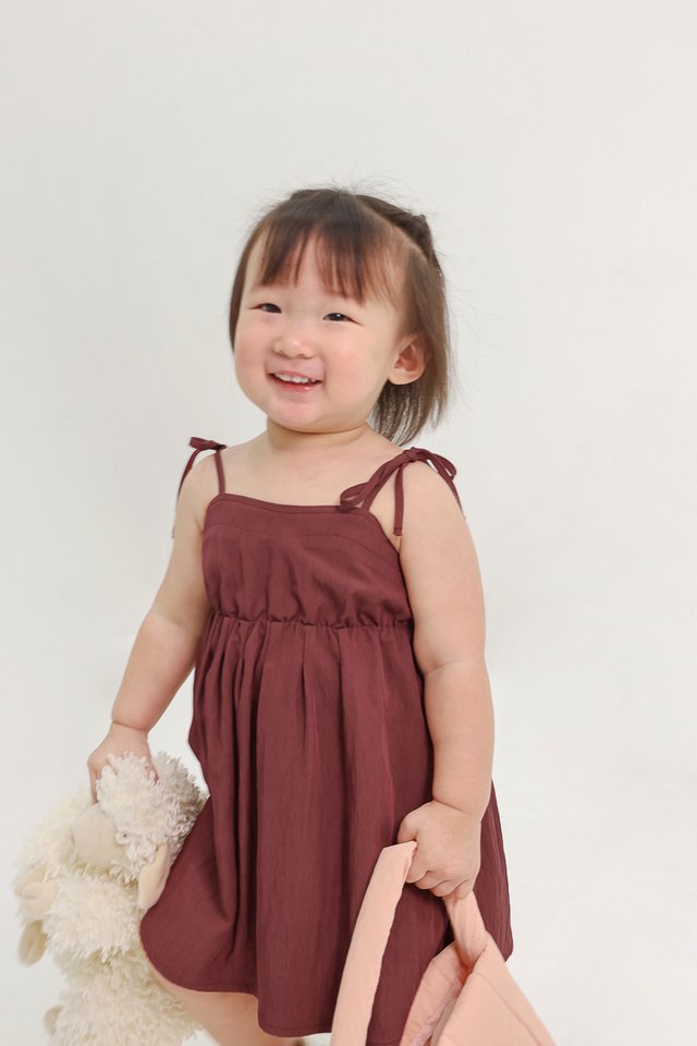 ERIN RUCHED TIE-STRING DRESS (MAHOGANY RED) - MINI GIRL