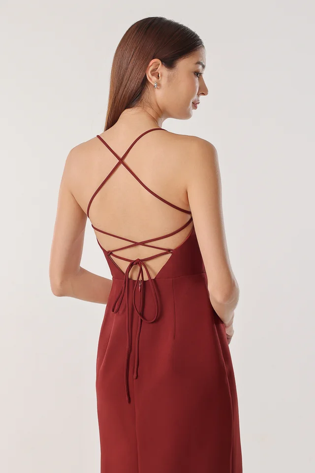 NADINE PADDED CROSS-BACK TIE MIDAXI DRESS (RUST RED)