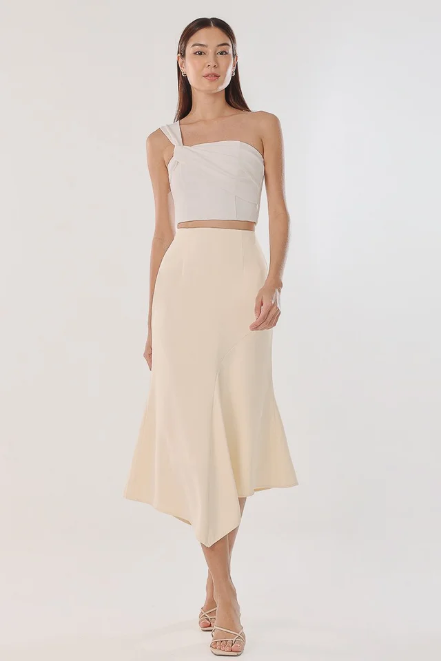 GINETTE ASYMMETRICAL DRAPE MIDAXI SKIRT (BUTTERCREAM)