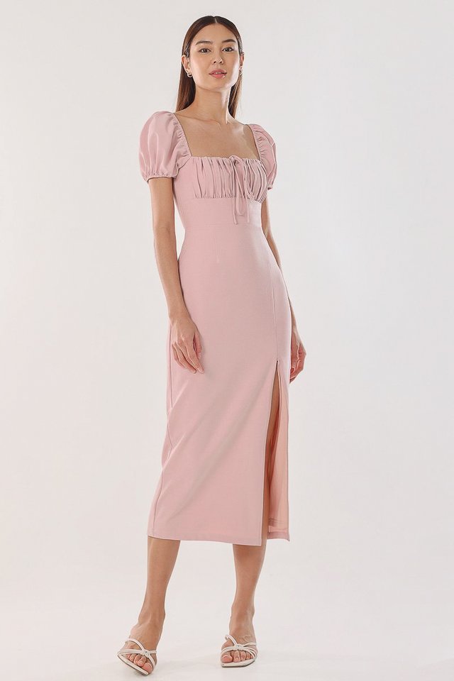 POLLY PADDED TWO-WAY TIE RUCHED SLIT DRESS (BLOSSOM PINK)