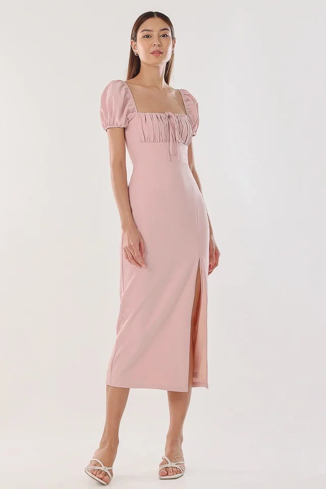POLLY PADDED TWO-WAY TIE RUCHED SLIT DRESS (BLOSSOM PINK)