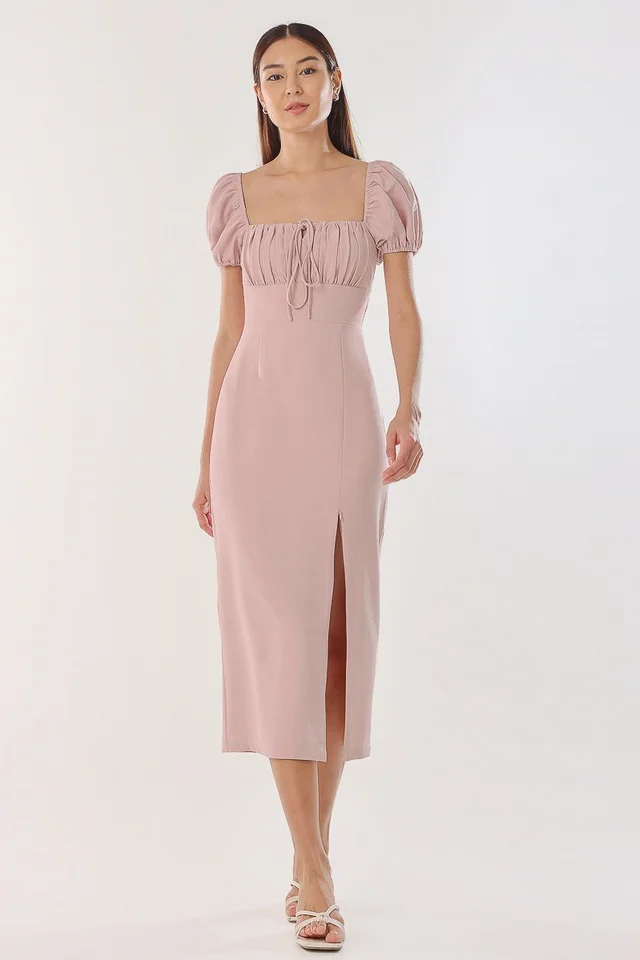 POLLY PADDED TWO-WAY TIE RUCHED SLIT DRESS (BLOSSOM PINK)